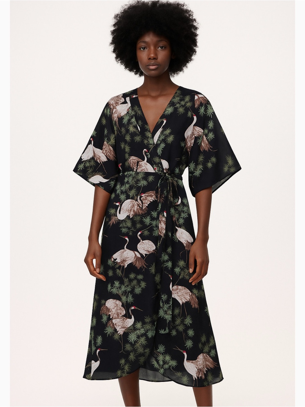 Beulah Black Crane Print Midi Wrap Dress
